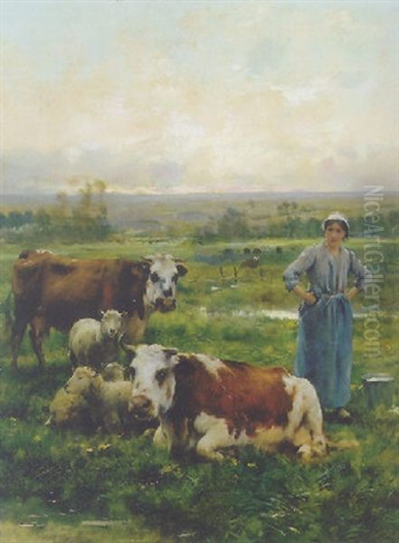 Shepherdess With Cows And Sheep In A Landscape - view 1