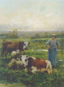 Shepherdess With Cows And Sheep In A Landscape by Julien Dupre