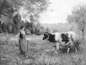 Wiesenlandschaft Mit Bauerin Und Kuhen by Julien Dupre