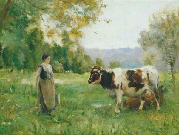 Bauerin Mit Kuhen In Einer Weidelandschaft - view 1