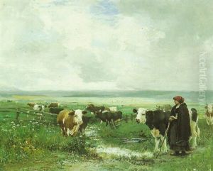 Fresian Cattle With Cowherd by Julien Dupre