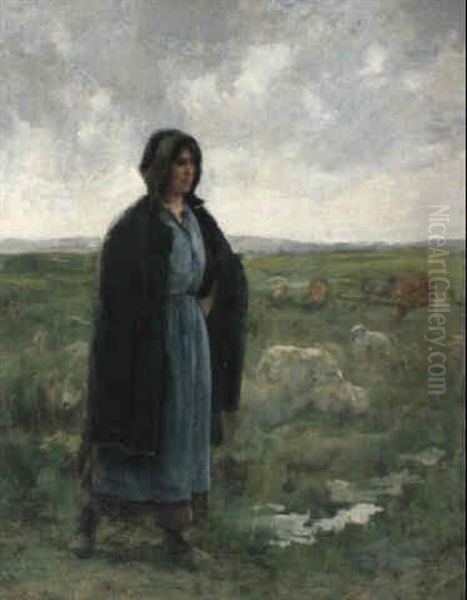 Stehende Hirtin Mit Schafen In Weiter Landschaft - view 1