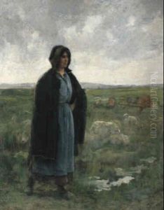 Stehende Hirtin Mit Schafen In Weiter Landschaft by Julien Dupre