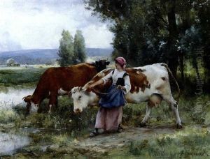 Vachere Menant Ses Vaches A La Riviere by Julien Dupre