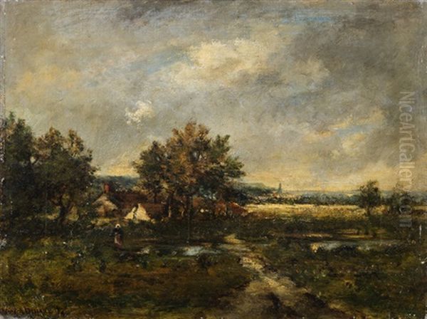 Wolkenverhangene Landschaft Mit Bauernhausern - view 1
