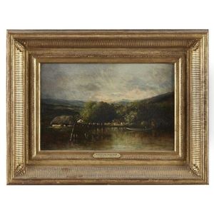 Figure On The Lake With Thatch Houses by Leon Victor Dupre