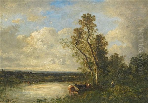 Weite Landschaft Mit Kuhen Am Wasser - view 1