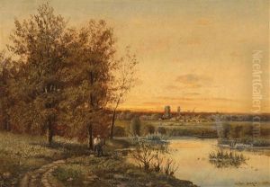 Flusslandschaft Mit Anglern Flusslandschaft Mit Anglern