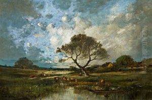 Vieh An Der Tranke Hinterm Dorf by Leon Victor Dupre