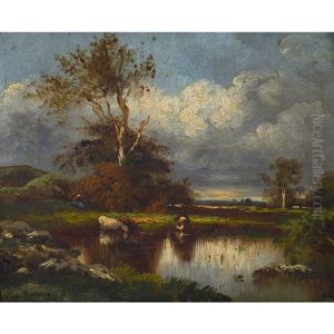 Weiher Mit Trinkenden Kuhen by Leon Victor Dupre