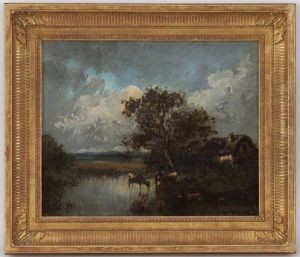 Paysage Avec ,vaches A L'etang by Leon Victor Dupre