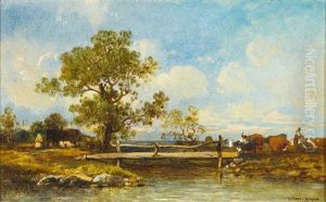 Sommertag Auf Dem Land Mit Weidenden Kuhen, Malerischem Baum Und Gehoft In Flusslandschaft
