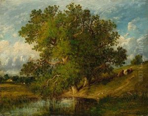 Grosser Baum Vor Einer Teichlandschaft by Leon Victor Dupre