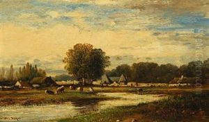 Landscape With Farm Houses And Cattle by Leon Victor Dupre