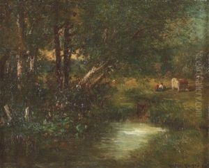 Paturage Au Bord De La Mare En Foret by Leon Victor Dupre