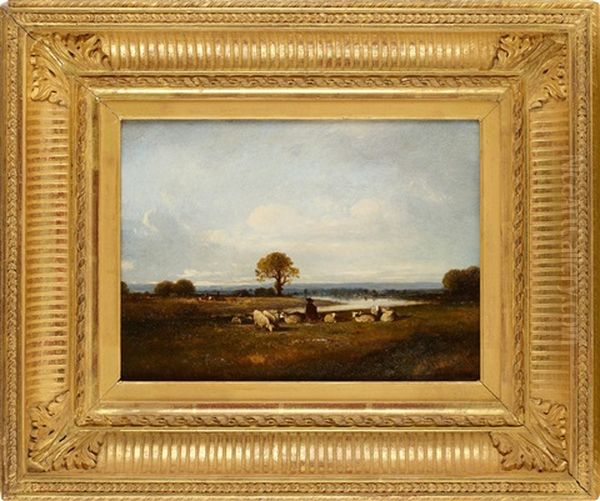 Berger Et Son Troupeau De Moutons Pres D'une Riviere - view 1