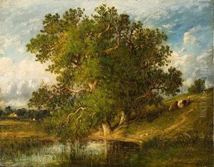 Sommerliche Teichlandschaft Mit Hirtin Sommerliche Teichlandschaft Mit Hirtin