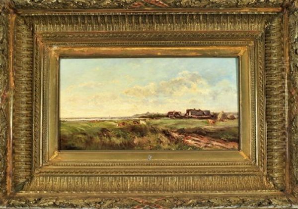 Weidelandschaft In Der Normandie, Mit Kuhen Und Dorf Im Hintergrund - view 1