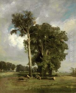 Sommerliche Wiesenlandschaft Mit Eichengruppe, Rechts Davon Hirte Mit Schafen