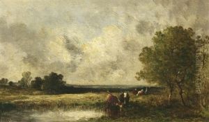 Weidende Kuhe In Weiter Flusslandschaft Weidende Kuhe In Weiter Flusslandschaft