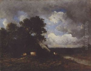 Deux Paysans Au Bord De La Riviere Pres D'une Ferme by Leon Victor Dupre