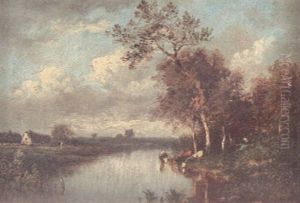 A View Of A Lake With Cattle Watering In The Foreground A View Of A Lake With Cattle Watering In The Foreground