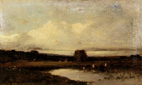 Cows And Peasants By A River - view 1