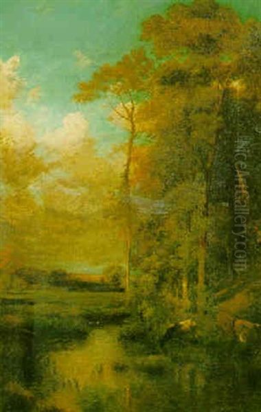 Cattle At A Pool In A Wooded Landscape - view 1