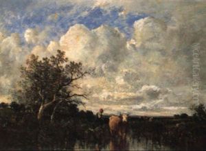 Hirtin Mit Kuhen Im Moorlandschaft Hirtin Mit Kuhen Im Moorlandschaft