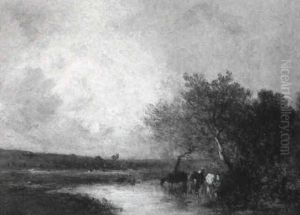 Fluslandschaft Mit Bauer Und Kuhen by Leon Victor Dupre