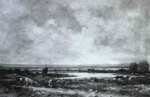 Weite Moorlandschaft Mit Kuherde Im Herbst by Leon Victor Dupre