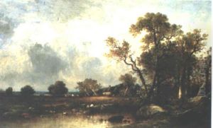 A Wooded River Landscape With Anglers On A Bank by Leon Victor Dupre