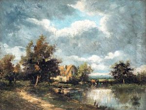 Paysage De Campagne Anime, Chaumiere Et Vaches Au Bord De L'etang by Jules Dupre