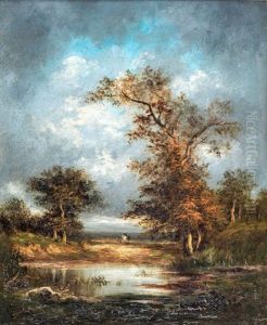 Paysage De Campagne Anime Avec Etang by Jules Dupre