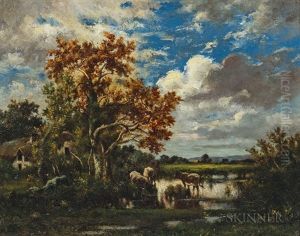 Early Autumn Landscape With Cows Watering by Jules Dupre