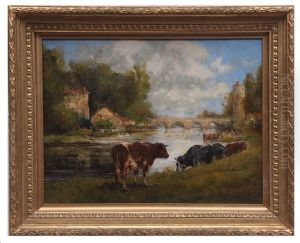 Cows On A Riverbank With Bridge To Distance Cows On A Riverbank With Bridge To Distance