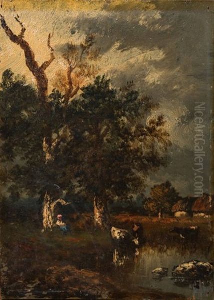 Paysan Et Vaches A La Mare - view 1