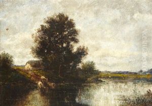 A Landscape With Cows Drinking From A Pond by Jules Dupre