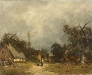 Dorfstrasse Mit Bauerin Und Kind Und Blick Auf Strohgedeckte Bauernhauser by Jules Dupre