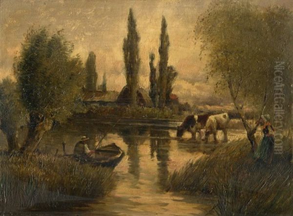 Fischer Und Kuhe In Gewasser Vor Gehoft - view 1