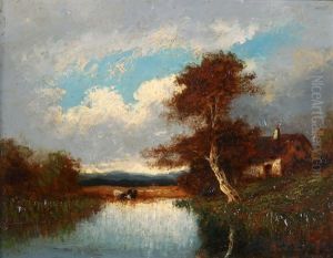 Weiher Mit Bauernhaus Und Baumen by Jules Dupre