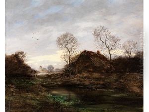 Abendliche Landschaft Mit Hutte Unter Kahlen Baumen Am Teichufer by Jules Dupre