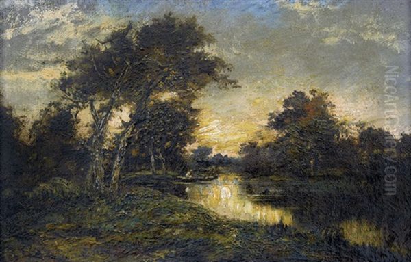 Flusslandschaft In Der Abenddammerung Mit Fischer - view 1