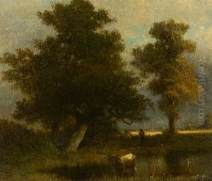 Tumpellandschaft Mit Bauer Und Kuh by Jules Dupre