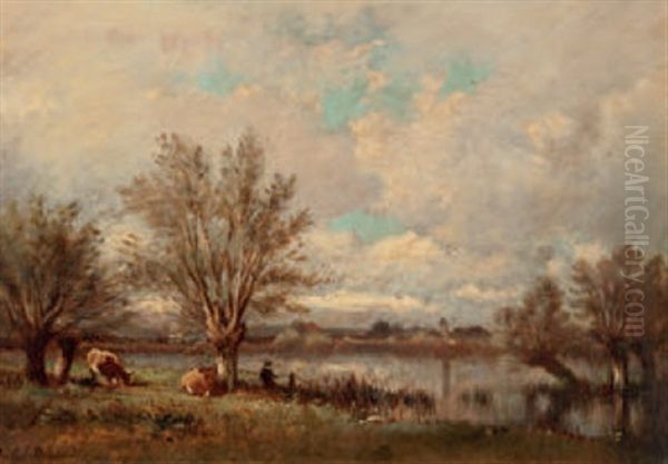 Tumpellandschaft Mit Fischer Und Kuhen - view 1