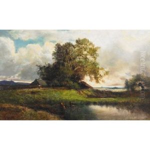 Cows Drinking From A Pool On The Farm by Jules Dupre