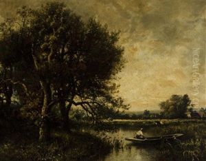 A Figure Punting Along The Riverbank