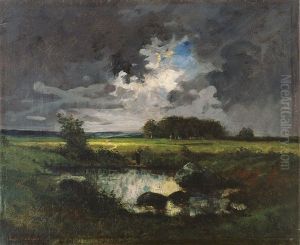 Gewitterstimmung Uber Einer Bewaldeten Ebene Mit Teich by Jules Dupre