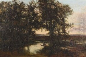 Morgenstimmung Mit Angler In Flusslandschaft by Jules Dupre