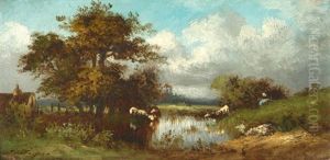 Teichlandschaft Mit Hirtin Und Kuhen by Jules Dupre